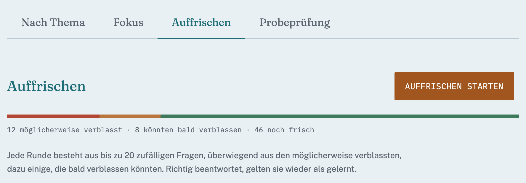 Screenshot: Die Reiter Nach Thema, Fokus, Auffrischen und Probeprüfung. Der Bereich Auffrischen zeigt die Schaltfläche „Auffrischen starten“, einen Balken und die Zahlen zu möglicherweise verblassten, bald verblassenden und noch frischen Fragen.